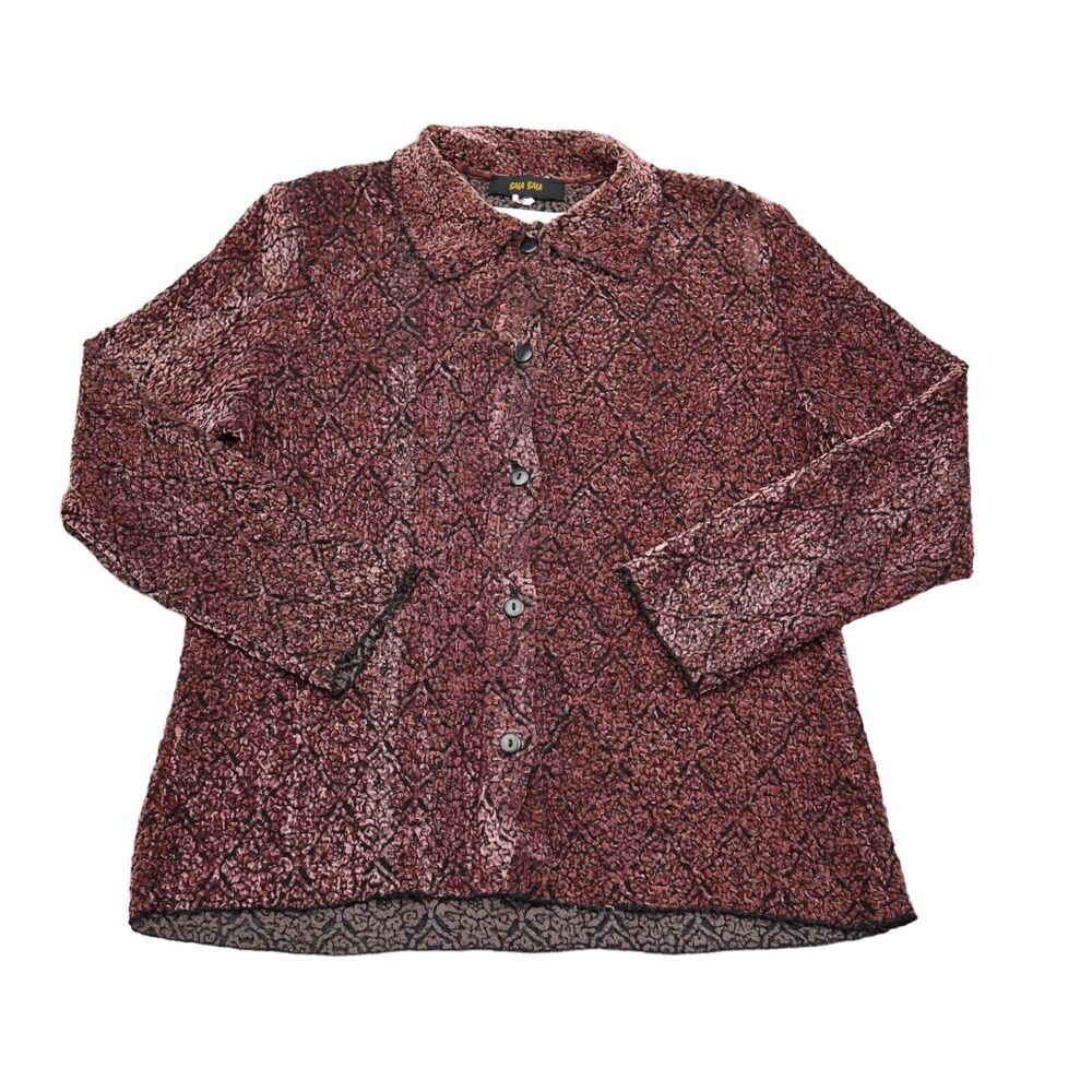 Bala Bala Shirt Womens Red Long Sleeve Spread Collar Sheer Button Up Blouse
